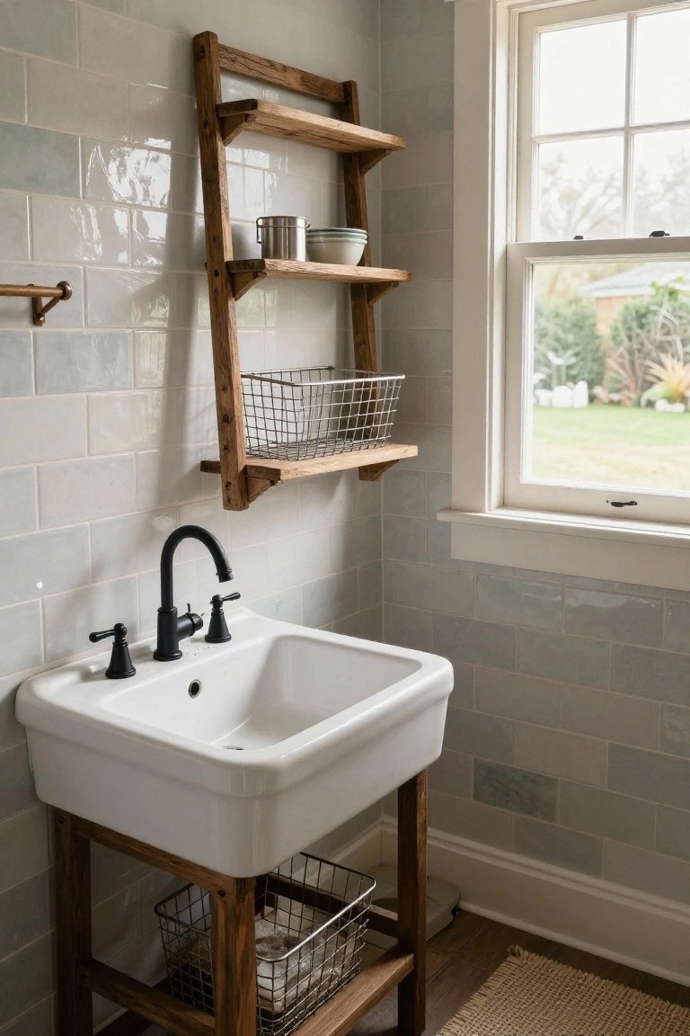 A bathroom with pale subway tile walls, a white farmhouse sink on wooden legs with a wire basket below, a tall leaning wooden ladder shelf holding baskets and ceramics, a towel bar, and a window with garden view.