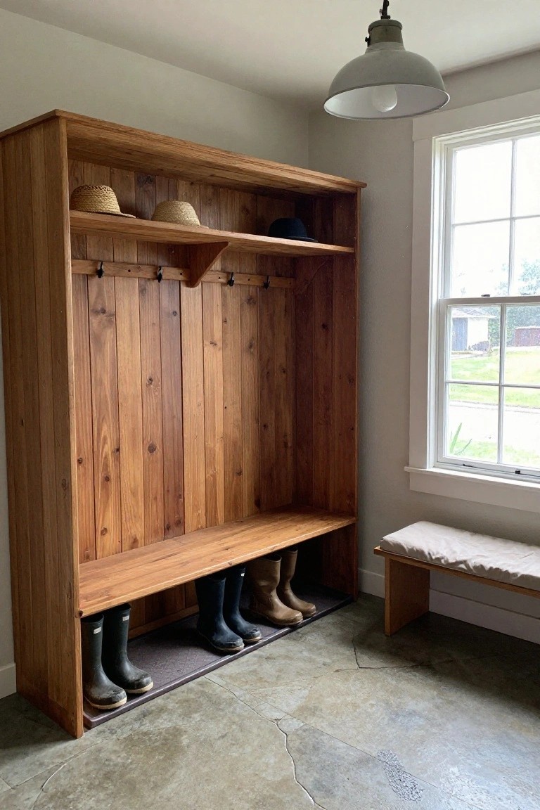 Tall wooden paneled cabinet with shelves holding hats, coat hooks, built-in bench with boots stored underneath, and a small adjacent bench in a light room with concrete floor and window.