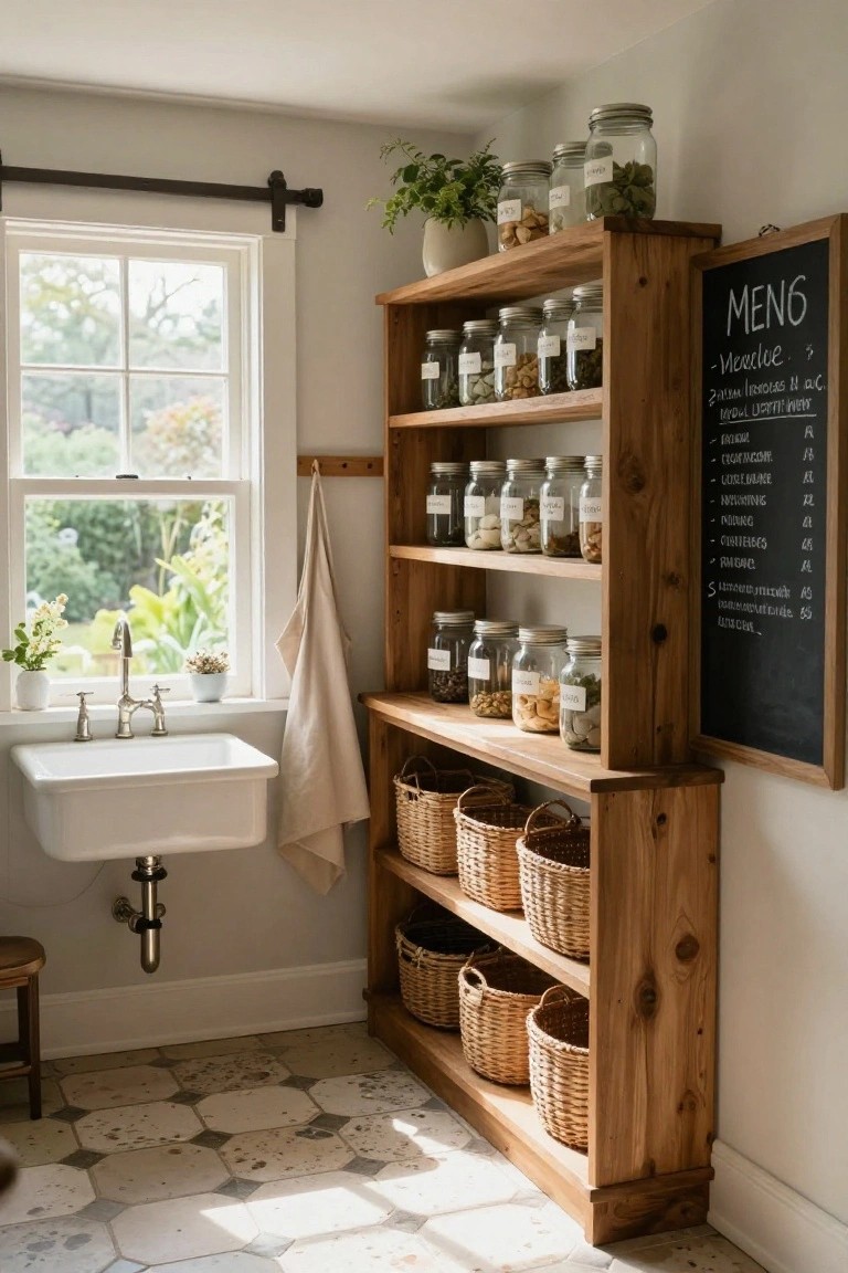 Tall wooden shelving unit filled with glass jars of spices, nuts, and herbs, wicker baskets, and potted plants next to a white farmhouse sink in a light bathroom with a window and chalkboard menu.