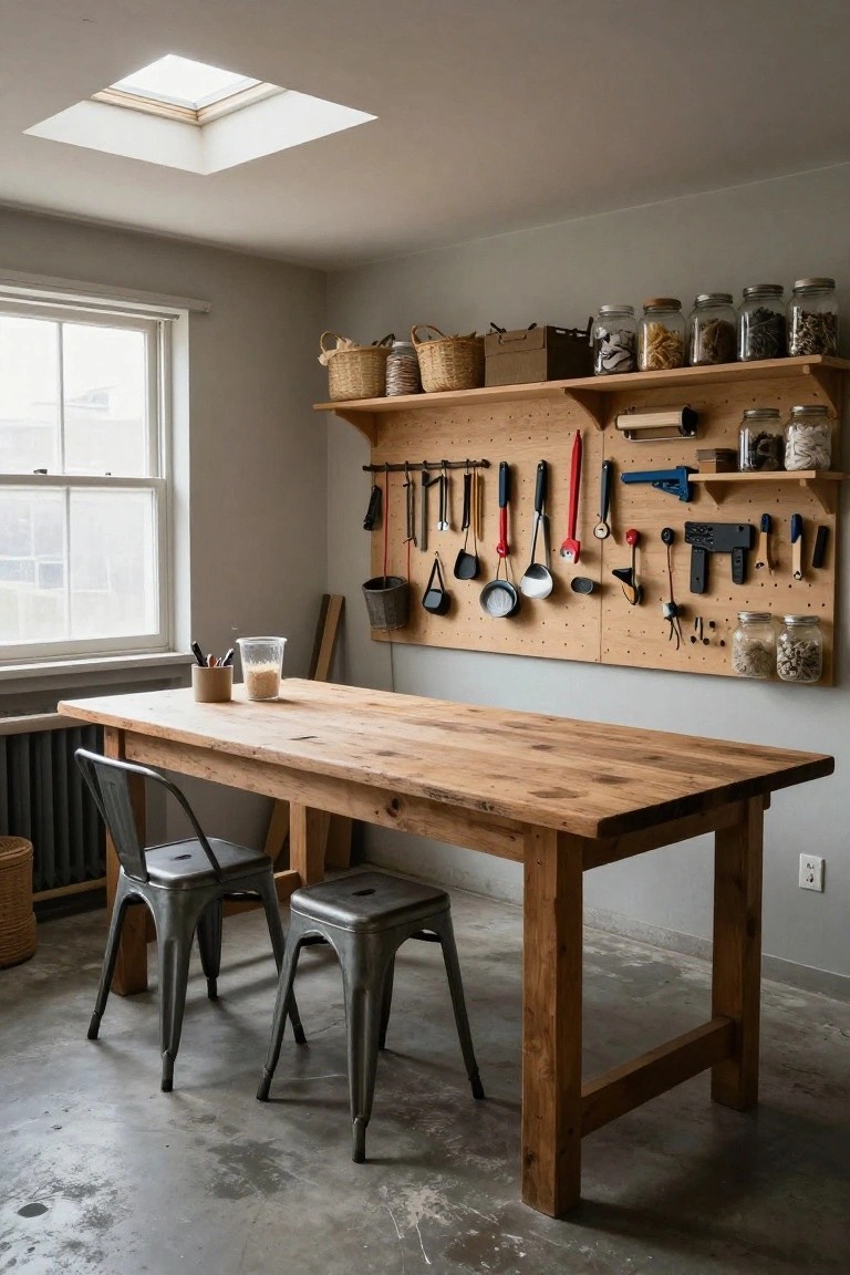 A rustic workshop room with a long wooden table, two metal chairs, a pegboard wall holding utensils and tools, wooden shelves with jars and baskets, a skylight, and a window.