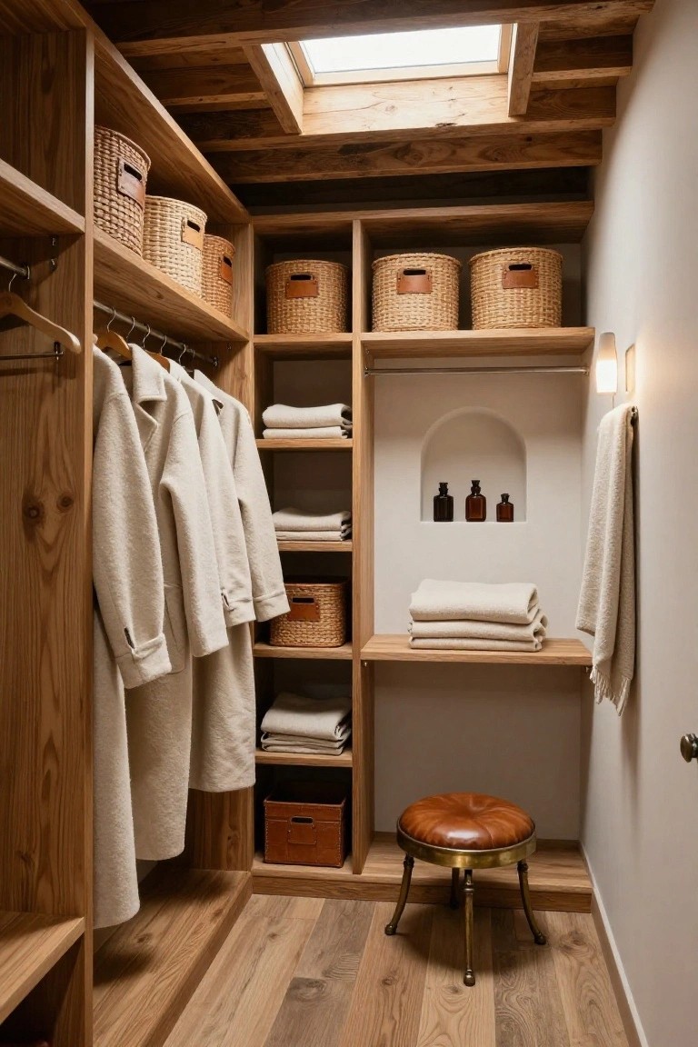 Wooden walk-in closet with built-in shelves and cabinets, wicker baskets, hanging coats and garments, stacked linens, arched niche with bottles, leather-topped stool, skylight, and wood plank flooring.