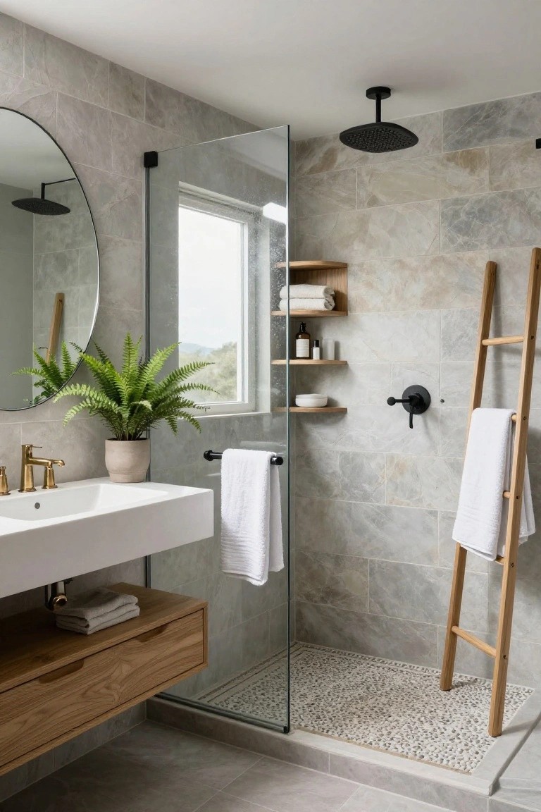 Contemporary bathroom with gray veined stone tile walls, frameless glass shower enclosure with pebble stone floor, floating white sink on wooden vanity, brass faucet, round black mirror, potted fern plant, wooden shelves, and tall wooden ladder towel rack with draped white towels.