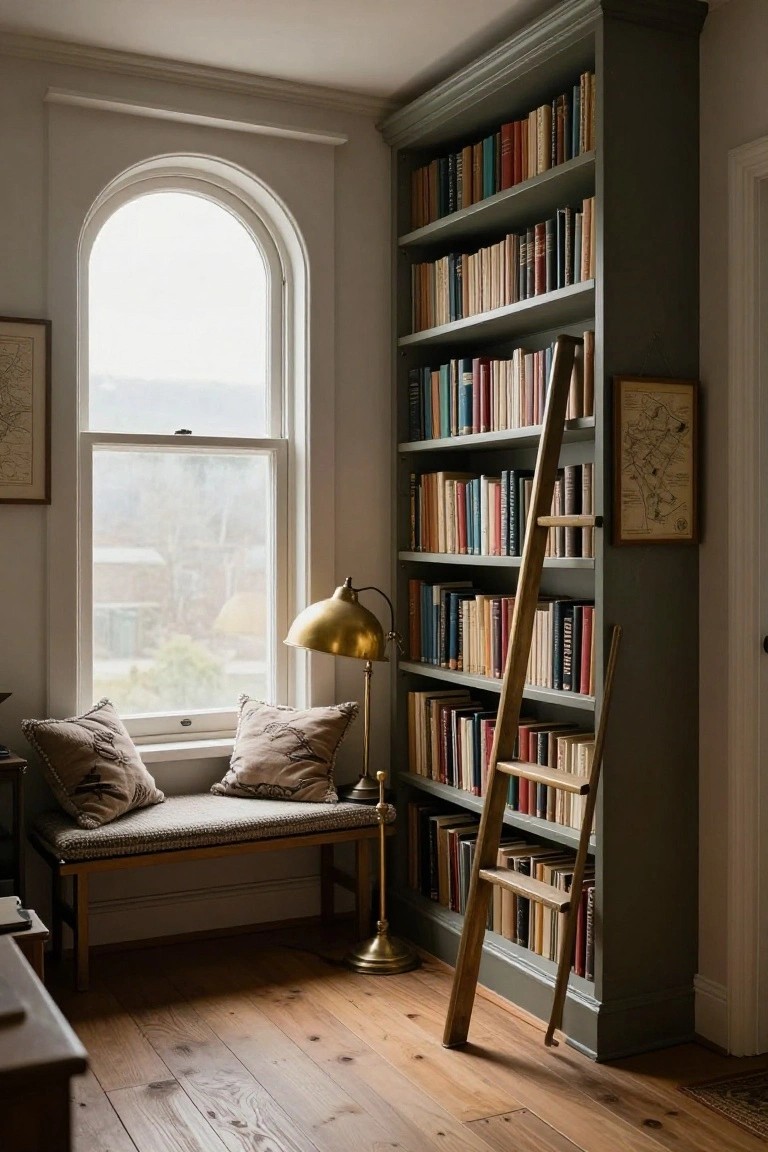 Tall corner bookshelves painted dark green and filled with multicolored books, with a wooden library ladder leaning against them, a cushioned bench seat by an arched window, a gold desk lamp on the floor, and hardwood floors in a room with white walls.