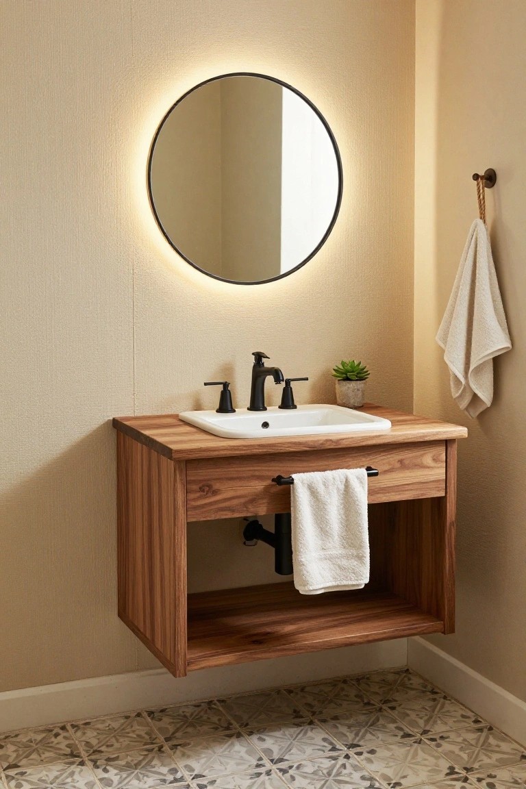 Bathroom corner with a floating wooden vanity holding a white undermount sink and black faucet, a round backlit mirror above, hanging white towels, a potted succulent plant, beige textured walls, and light gray patterned floor tiles.