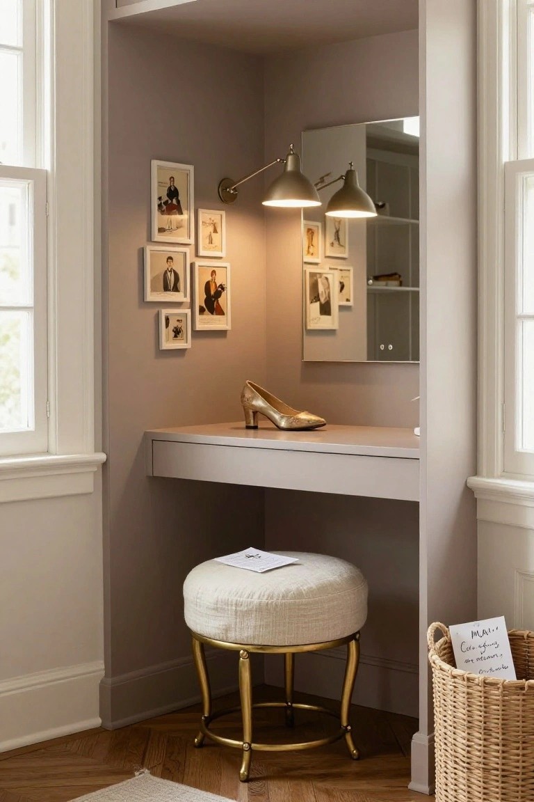Beige alcove with floating vanity desk topped by a gold high-heel shoe, gallery wall of framed black-and-white photos, adjustable wall lamps, large mirror, gold metal stool with cream cushion, woven basket on floor, next to white-framed windows and herringbone wood flooring.