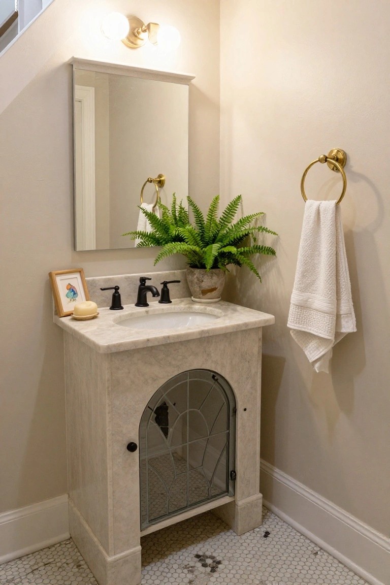 Small bathroom vanity with white marble countertop, black faucet, arched glass-fronted cabinet door, framed artwork, soap dish, potted fern plant, white towel on brass ring, mirror above, and white subway tile floor in beige-walled corner.