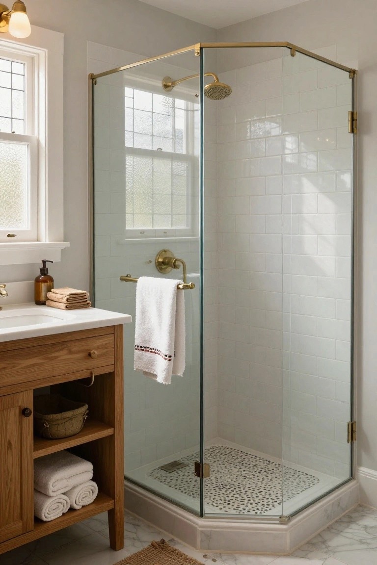 Corner glass shower enclosure with brass framing and hardware, white subway tile walls, pebble shower floor, wooden vanity with brass faucet, and window light in a light gray bathroom.