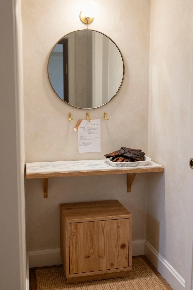 Small beige entryway alcove with round gold-framed mirror, wall-mounted white marble shelf holding brown leather gloves in a white dish, gold hooks with a paper note, wooden stool below, wall sconce light, and seagrass rug on wood floor.
