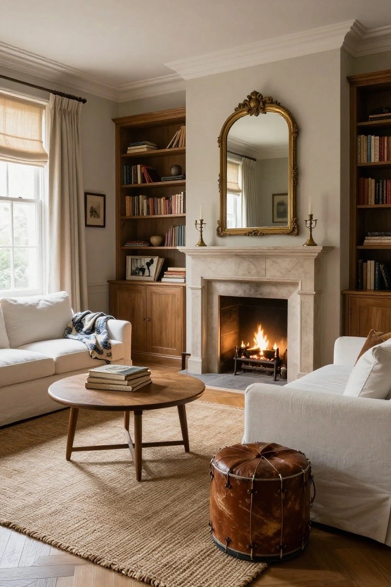 Living room interior with lit marble fireplace flanked by wooden built-in bookcases, white slipcovered sofas, round wooden coffee table, leather drum stool, seagrass rug, and large arched gilded mirror above mantel.