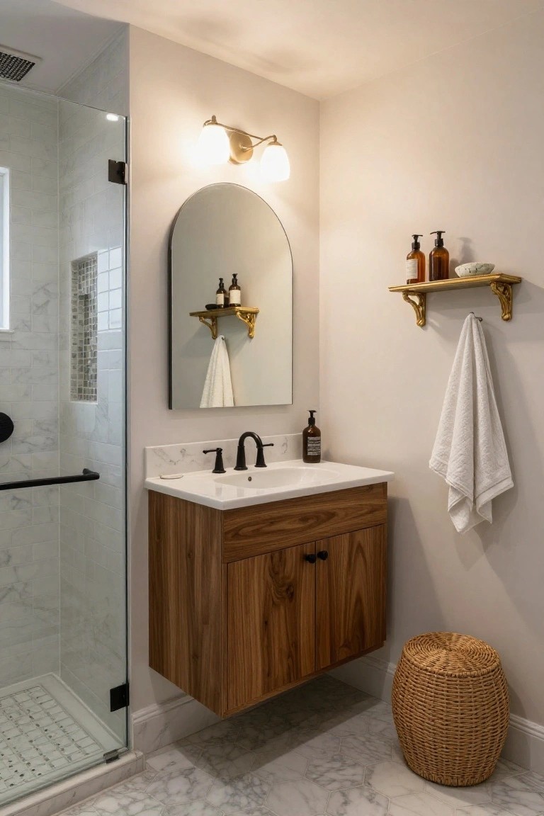Bathroom with suspended walnut wood vanity under arched mirror on gold brackets, glass shower enclosure, marble hexagonal floor tile, and woven stool.