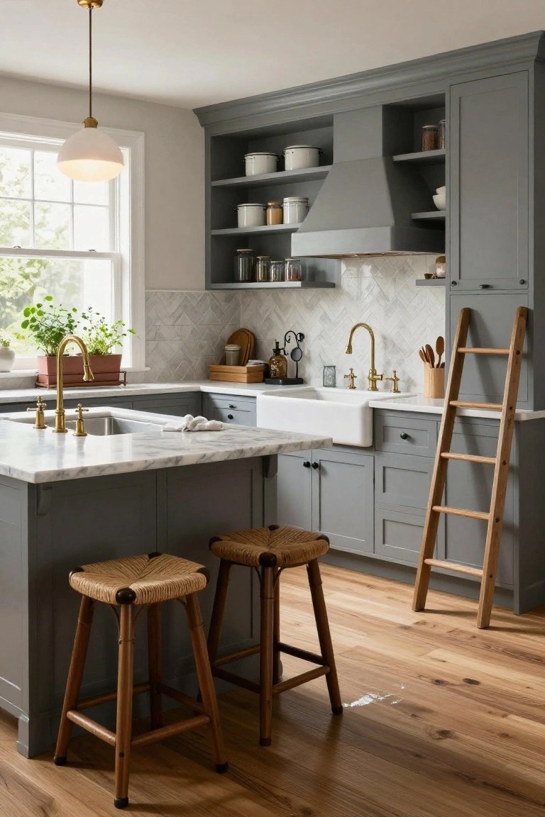Gray kitchen cabinets with white marble island, brass faucets over farmhouse sink, herringbone tile backsplash, rattan stools, and wooden ladder leaning against cabinetry holding utensils.