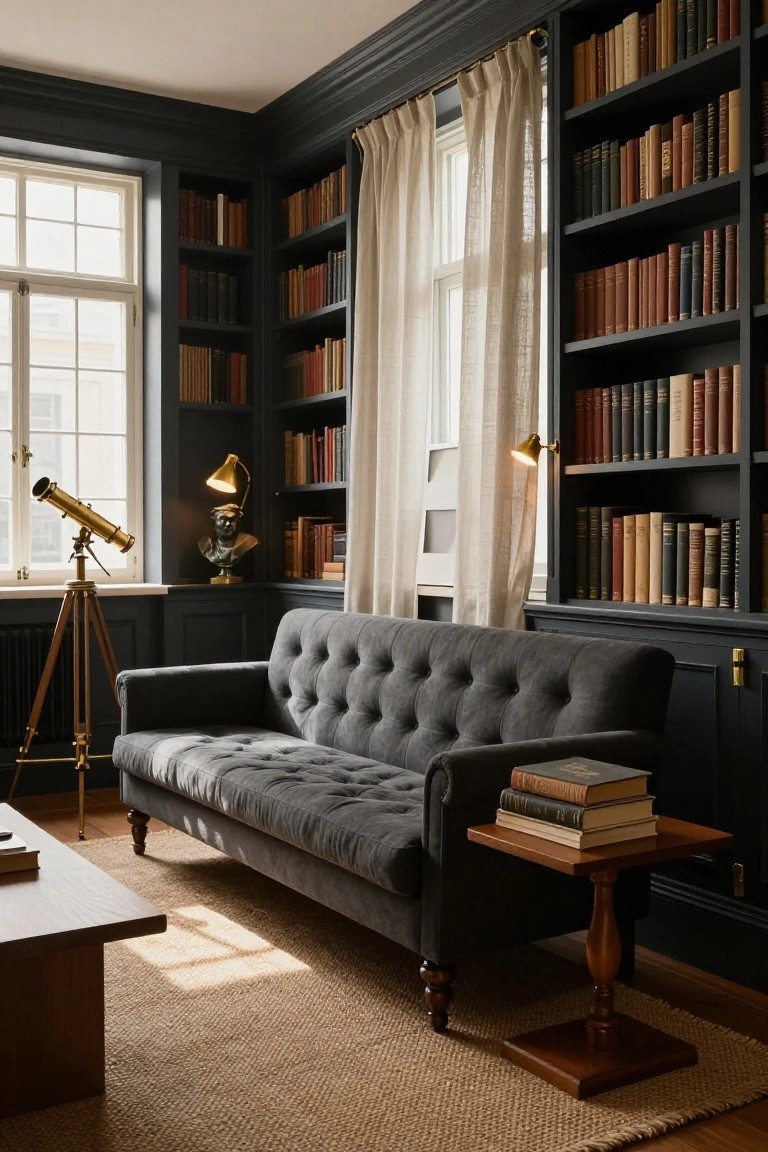 Library room with dark navy built-in bookshelves filled with books, gray tufted sofa facing wooden coffee table and side table with stacked books, brass telescope on tripod by window, and bronze bust on shelf.