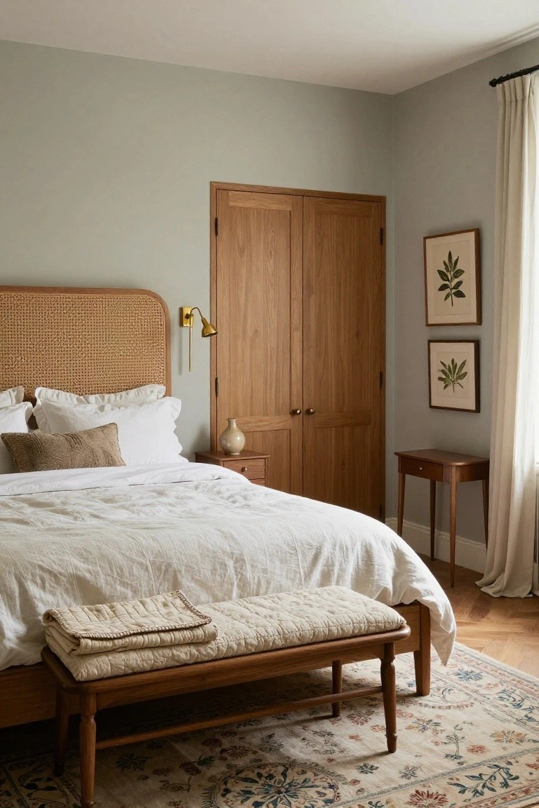 Bedroom corner with rattan headboard on a bed dressed in white linens and tan pillows, wooden wardrobe doors, small nightstand with vase, wooden bench at bed foot, sage green walls, botanical prints, and patterned rug on parquet floor.