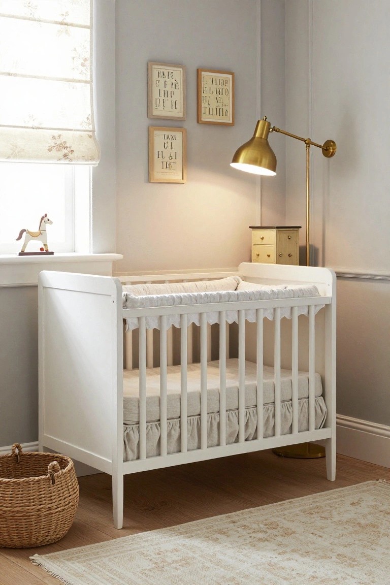 White wooden crib with scalloped white bumper, gathered skirt, and mattress in a light gray nursery room with sheer curtains, gold arc lamp, framed art, wooden toy horse, small chest, and wicker basket on wood floors.