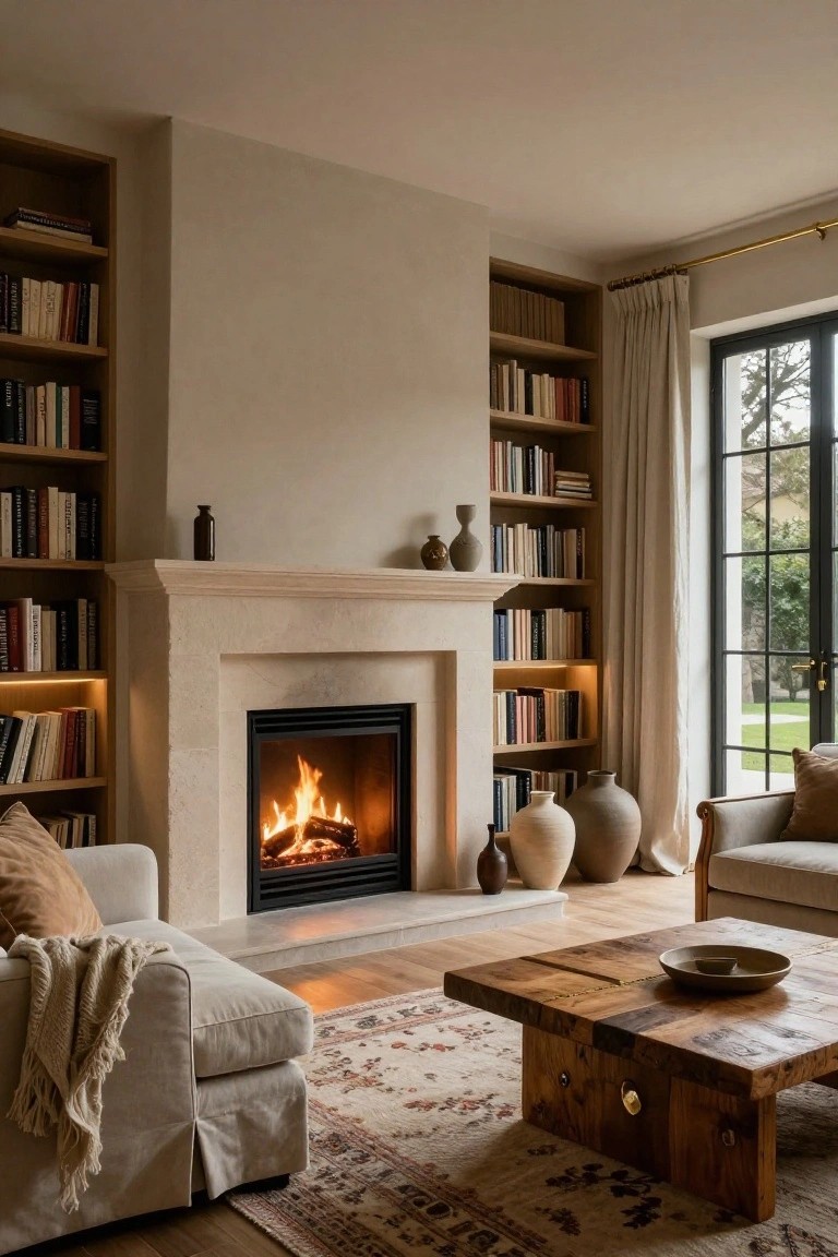 A living room with a lit gas fireplace centered in a beige stone mantel flanked by tall wooden bookshelves filled with books, a cream sofa with throw blanket, wooden coffee table, Persian rug, and French doors to a garden view.