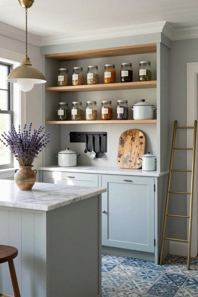 Kitchen interior with open oak shelving units stocked with labeled glass jars of pantry staples, a leaning gold-toned ladder, hanging utensils on a black rail, white enamel pots, a marble-topped island with light blue cabinets, and blue patterned tile floor.