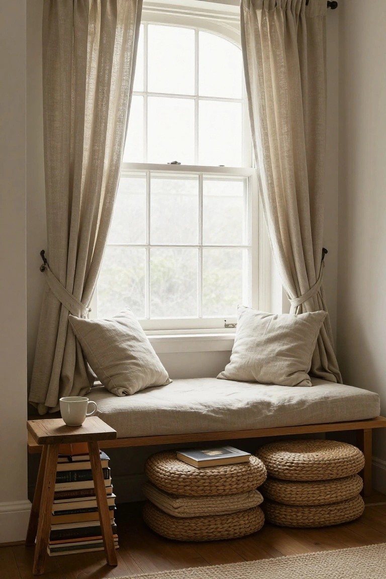 A beige linen-upholstered window bench seat with two matching pillows, flanked by floor-length linen curtains on a tall sash window, a wooden stool holding stacked books and a white teacup next to it, and stacked woven poufs underneath on a wooden floor.