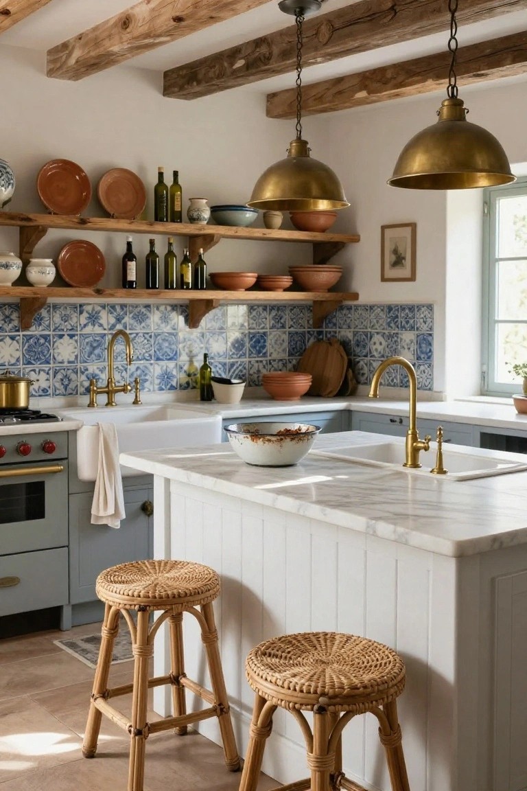 Kitchen with white cabinets, marble-topped island holding rattan stools, blue and white patterned tile backsplash, brass pendant lights and faucet, open wood shelves displaying terracotta pots and dishes, and wood plank flooring.