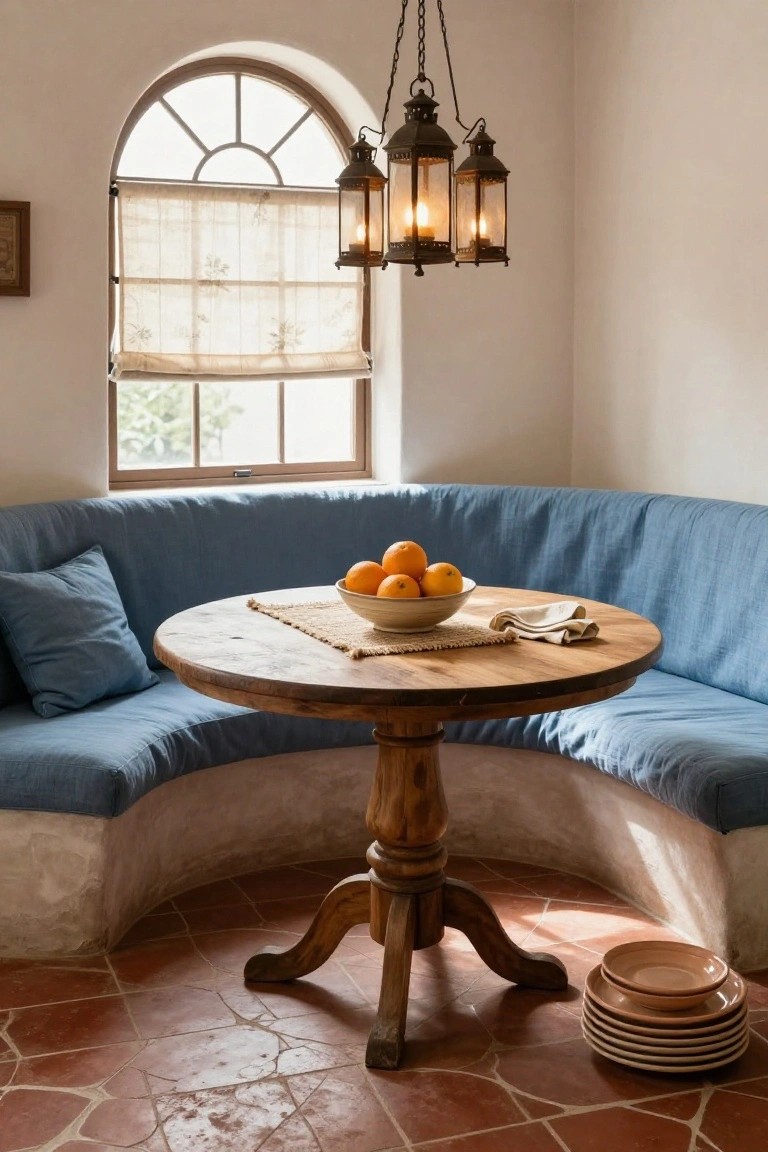 Blue linen-covered corner bench surrounding a round wooden pedestal table with a bowl of oranges, a linen shade on the window, hanging lanterns, and stacked plates on terracotta floor.