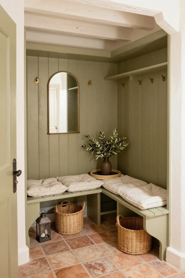Sage green paneled interior nook with L-shaped built-in wooden benches topped by white cushions, brass hooks and arched mirror on walls, olive branches in bronze vase on bench, woven baskets under seats, metal lantern, and terracotta tile floor beside open wooden door.