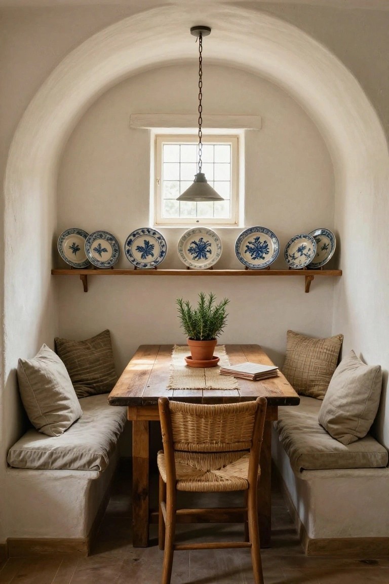 Arched white plaster indoor nook with built-in cushioned benches, wooden table, wicker chair, blue and white plates on wooden shelves above a small window, and potted rosemary plant on the table.