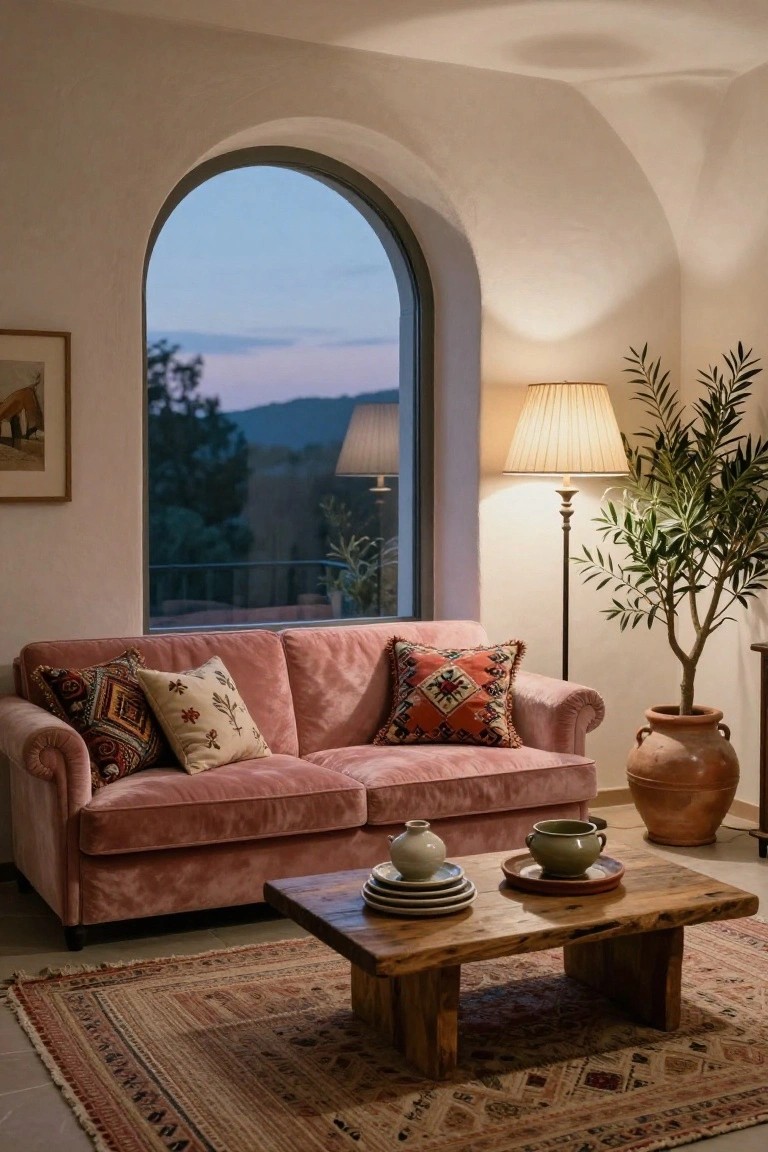 Living room interior with pink velvet sofa featuring patterned pillows, wooden coffee table with stacked plates and ceramic pots, tall floor lamp, potted olive tree in terracotta pot, and large arched window overlooking hills at dusk.