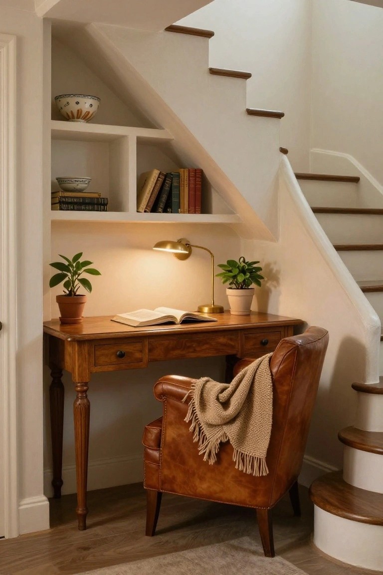 Small wooden desk with open book and lamp under a white staircase, flanked by shelves with books and ceramics, two potted plants, and tan leather armchair with beige throw.