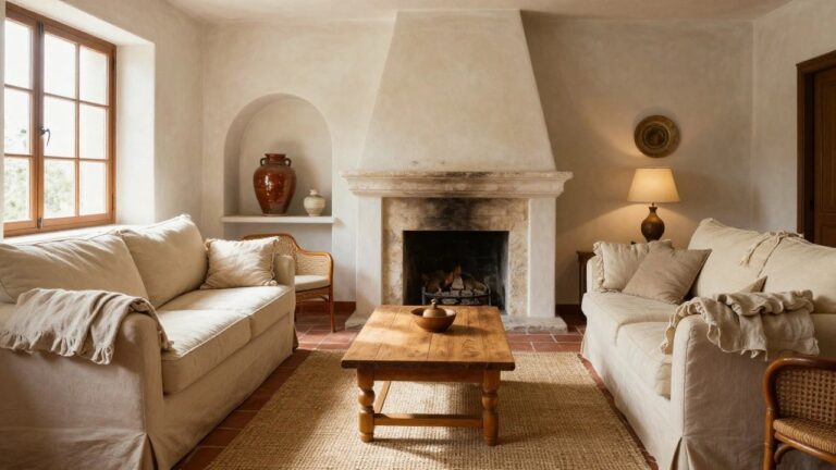 Stone fireplace with built-in arched niches holding terracotta pots in a whitewashed living room, white slipcovered sofa with throw, low wooden coffee table holding fruit bowls, rattan armchair, terracotta tile floor, and jute rug.