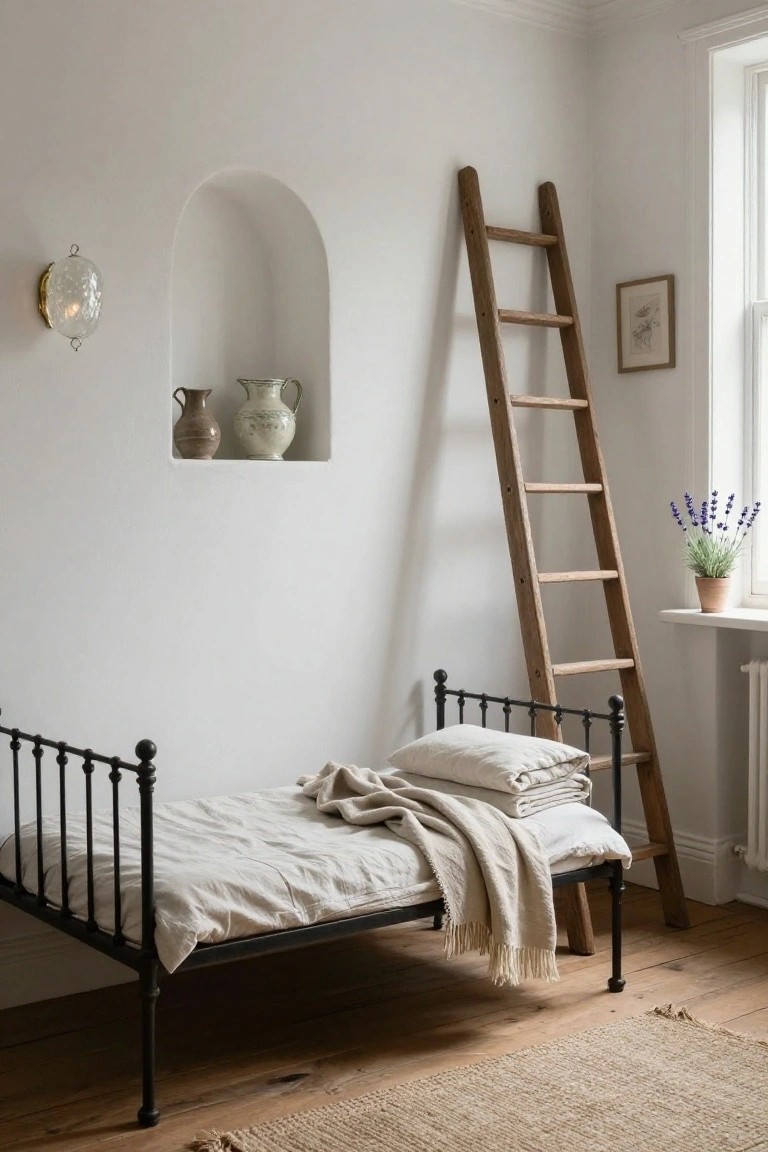 Corner of a white bedroom with black iron single bed draped in white linens and throws, tall wooden ladder leaning on wall, arched wall niche holding two ceramic vases, glass wall lamp, window with lavender plant in terracotta pot, and small framed drawing.