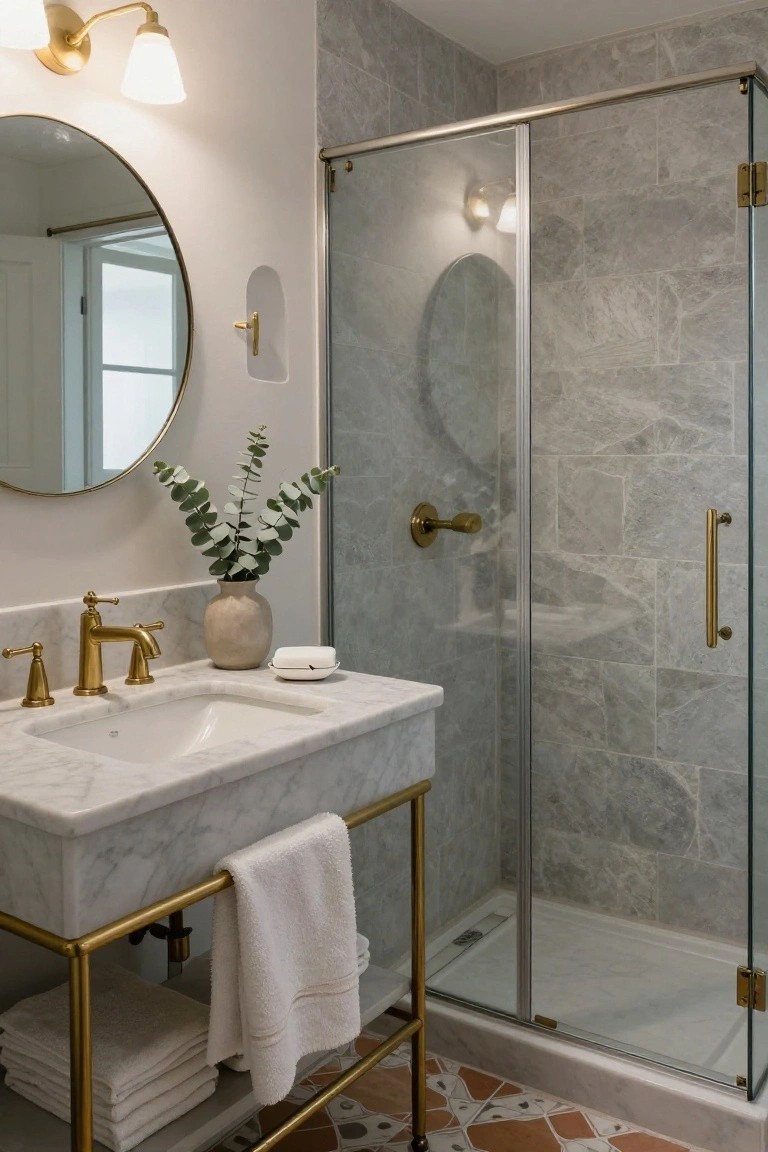 Bathroom with freestanding white marble sink vanity on brass legs and frame, gold faucets and hardware, round gold mirror, eucalyptus in a pot, glass shower enclosure with gray subway tiles, and terracotta-patterned floor tiles.