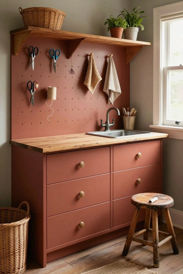 Terracotta pegboard wall with hanging scissors, thread spool, and towels above a wooden countertop sink, flanked by matching drawers, wicker baskets, and a wooden stool in a cozy interior.