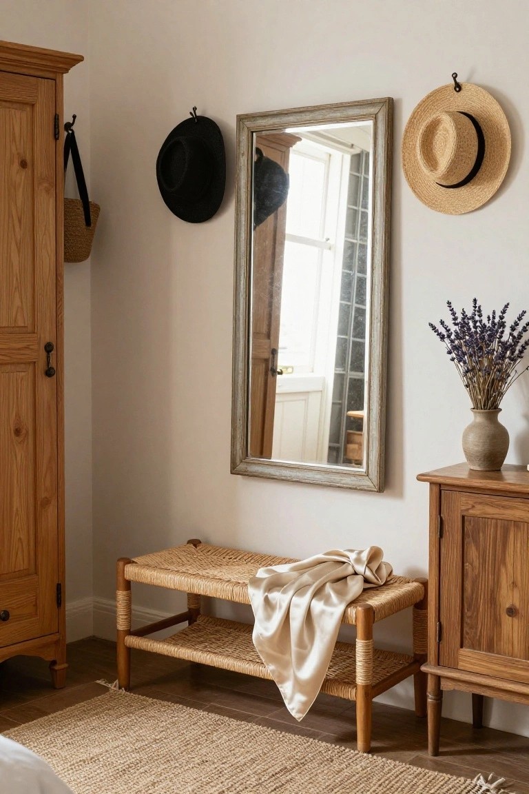 Tall wooden wardrobe with hooks holding a black hat, straw hat, and basket on left, antique-style mirror on wall reflecting window and door, rattan bench with white silk scarf draped over seat, wooden side table holding terracotta vase of lavender, jute rug on wood floor in beige room.