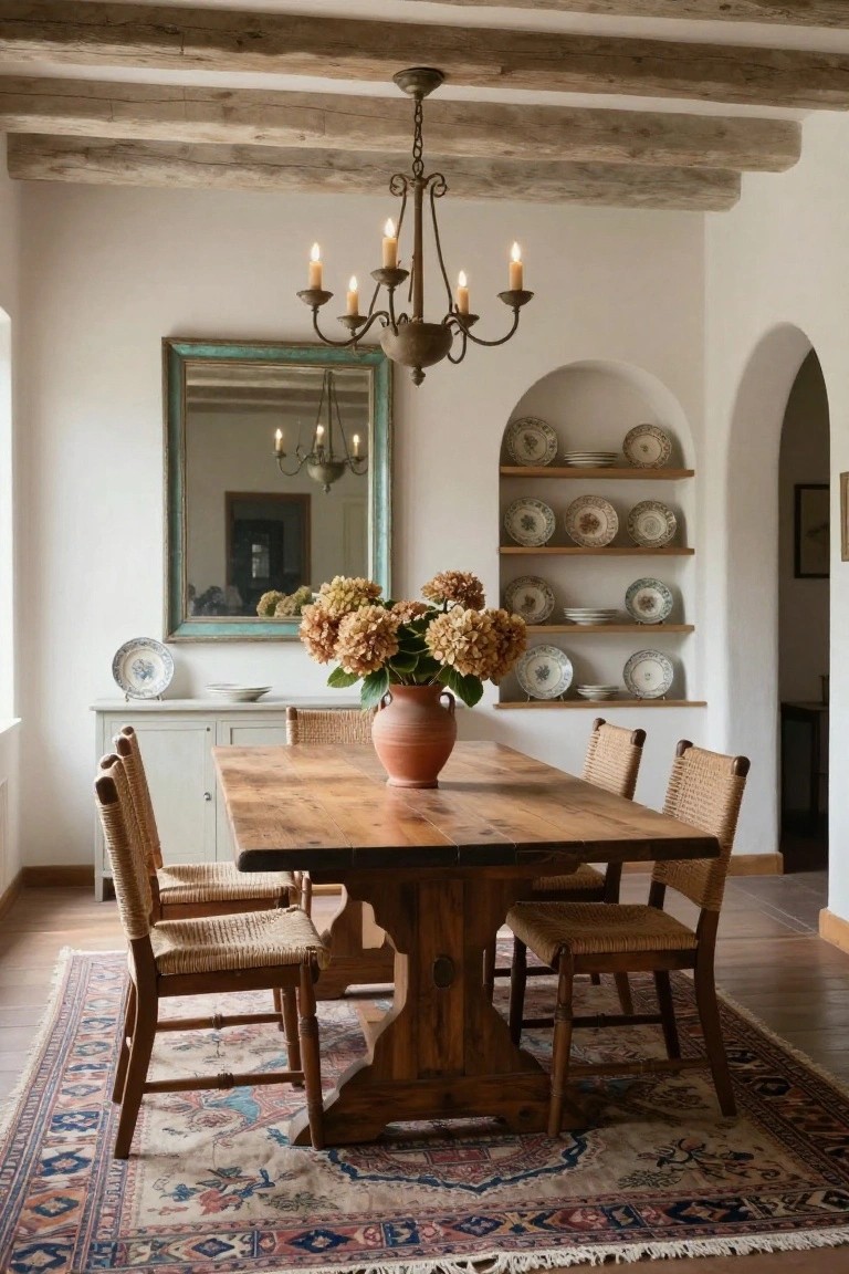 Dining room featuring a wooden trestle table surrounded by rattan chairs on a patterned rug, exposed beam ceiling, white stucco walls, arched niche with displayed plates, and a terracotta pot of hydrangeas on the table.