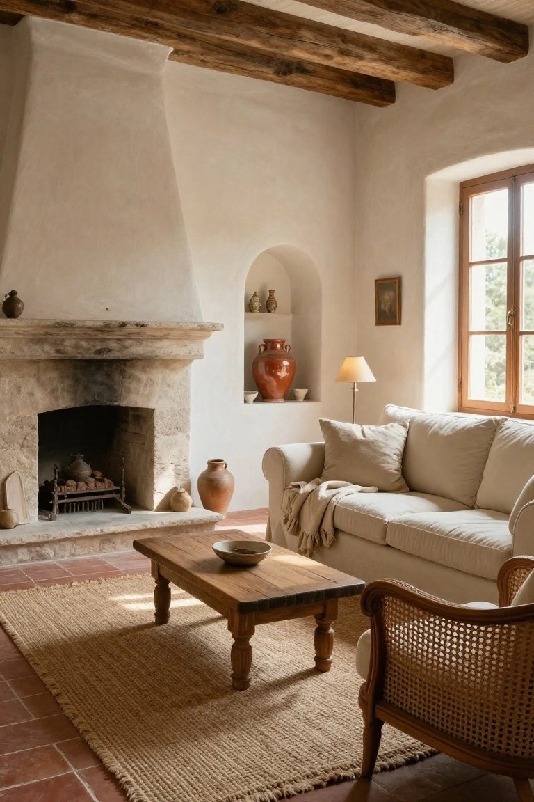 Stone fireplace with built-in arched niches holding terracotta pots in a whitewashed living room, white slipcovered sofa with throw, low wooden coffee table holding fruit bowls, rattan armchair, terracotta tile floor, and jute rug.