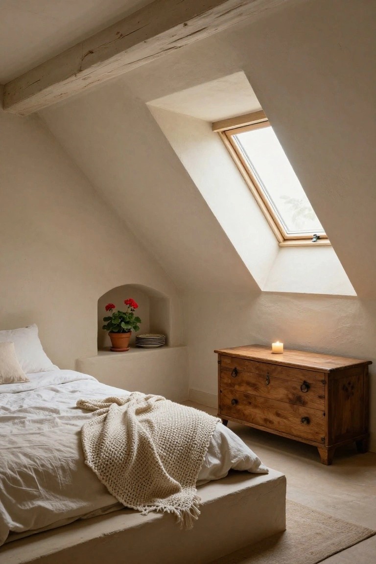 Attic bedroom with sloped beige plaster walls and ceiling, exposed wooden beams, skylight window, arched wall niche holding potted red geraniums and plates, wooden chest of drawers with lit candle, low platform bed with white sheets and knitted cream throw, on beige rug.
