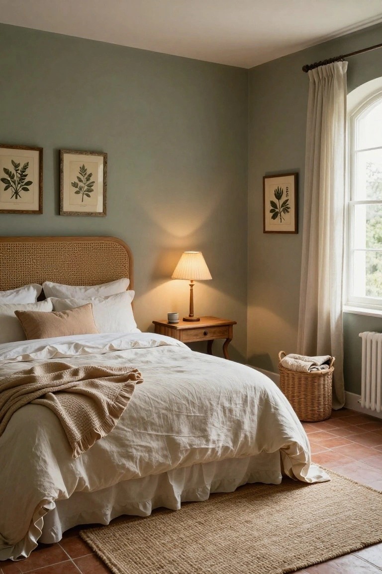 Corner of a bedroom with pale sage green walls, wicker headboard on a bed with white linen sheets and pillows, wooden nightstand with lamp and mug, three framed botanical prints, white linen curtain on arched window, wicker laundry basket, and terracotta tile floor with seagrass rug.