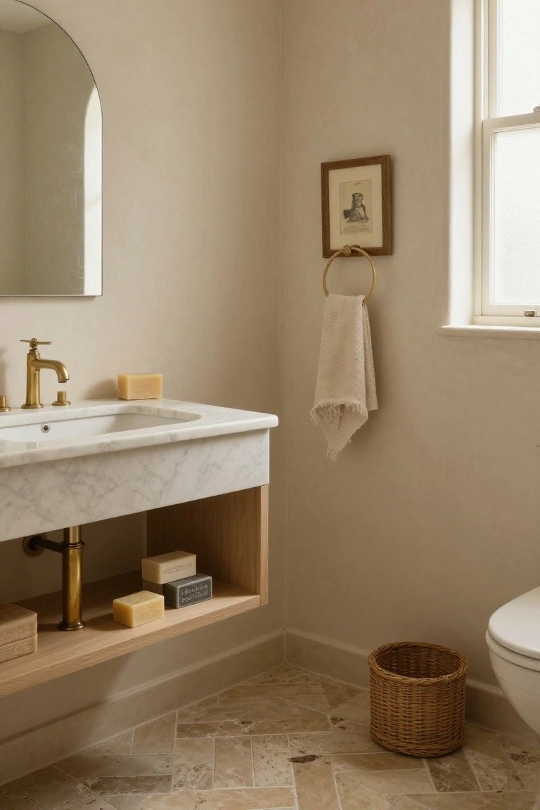 Beige bathroom with arched mirror over floating white marble vanity and gold faucet, open oak shelving below holding soap bars and wooden box, linen towel on gold ring holder, small framed artwork on wall, wicker basket on travertine tile floor next to white toilet.