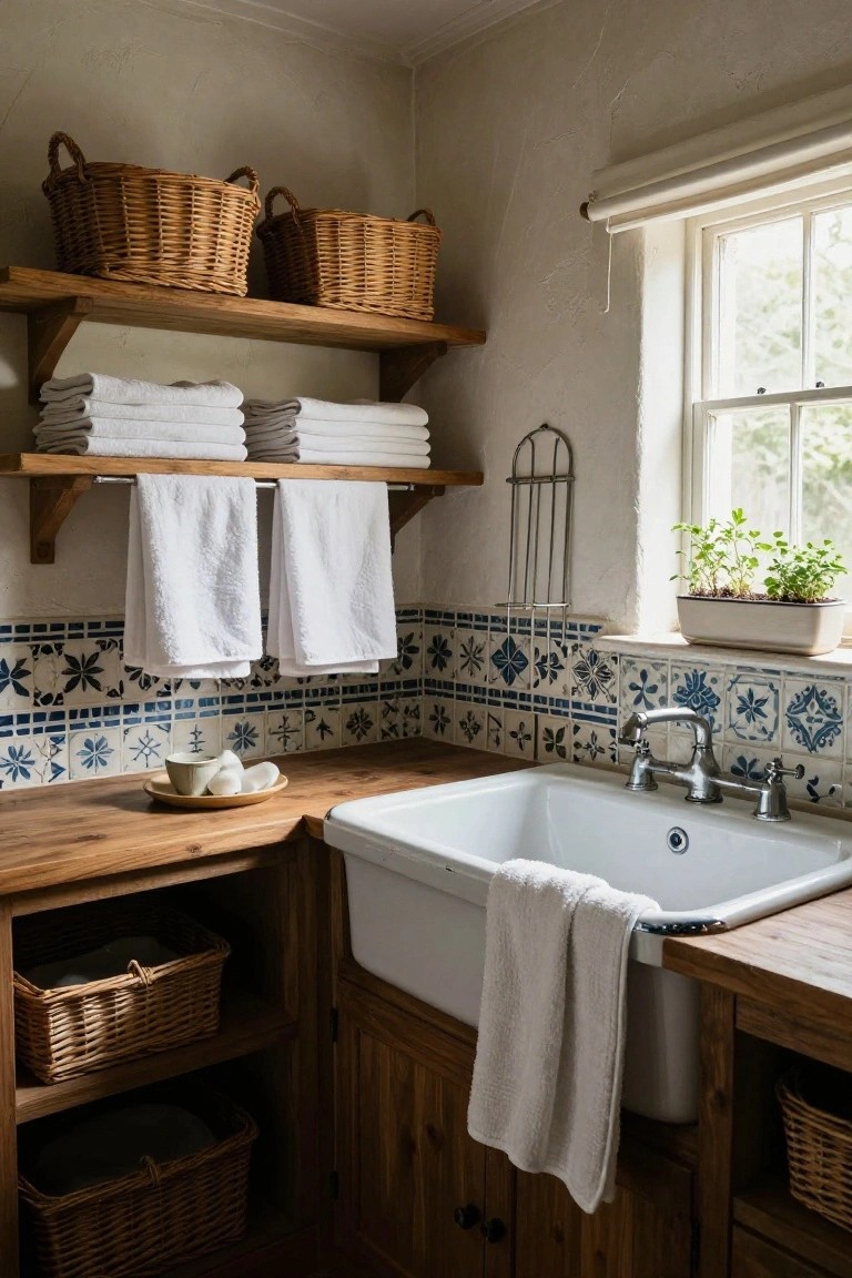 Corner kitchen with white farmhouse sink on wooden cabinet, wicker baskets in shelves and cabinets below, folded white towels on oak shelves above, blue patterned tile backsplash, and potted herb on windowsill.