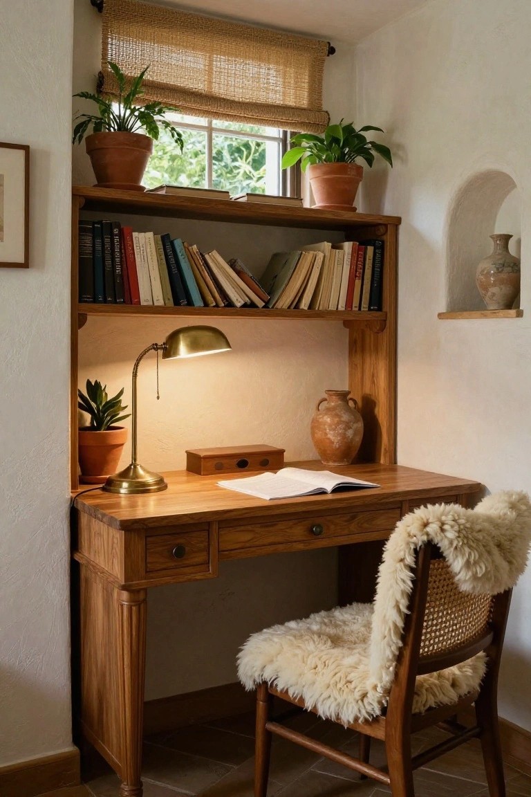 Wooden desk with drawers and open books in a white alcove, built-in oak shelves holding books and plants above, brass banker's lamp lit, sheepskin on rattan chair, potted plants, and window with bamboo shade.