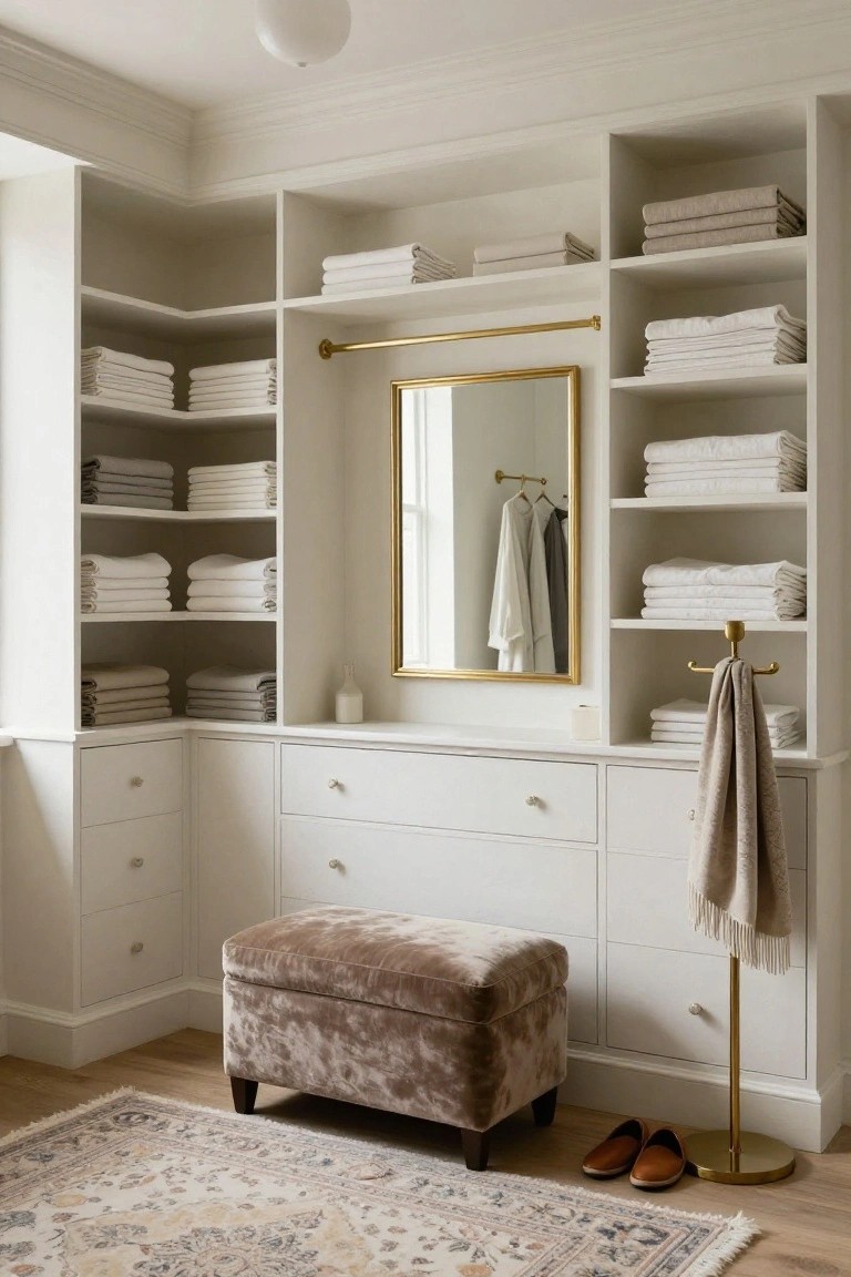 Corner white built-in cabinetry with open shelves stacked with folded white and beige towels and linens, central gold-framed mirror, lower drawers, velvet bench, towel rack, and rug on wood floor.
