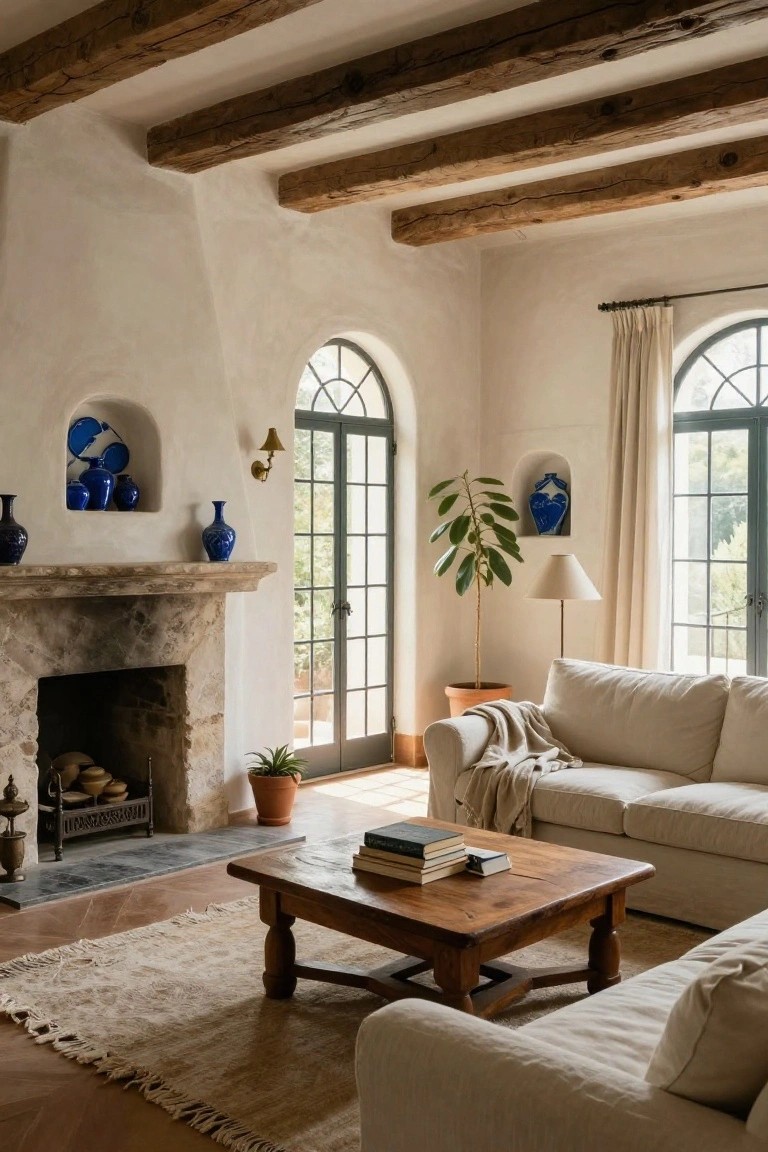 Living room with exposed dark wooden ceiling beams, white plaster walls, arched green-framed windows and doors, stone fireplace, cream sofa, wooden coffee table with books, beige rug, potted plants, and blue ceramics in niches.