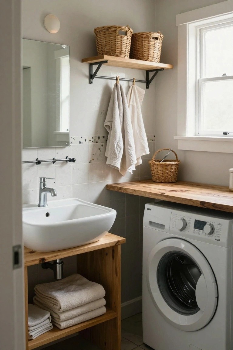 Compact bathroom-laundry room interior with white vessel sink on wooden vanity cabinet next to white front-loading washer, wooden countertop above, wicker baskets on shelves, hanging white towels, and window with natural light.