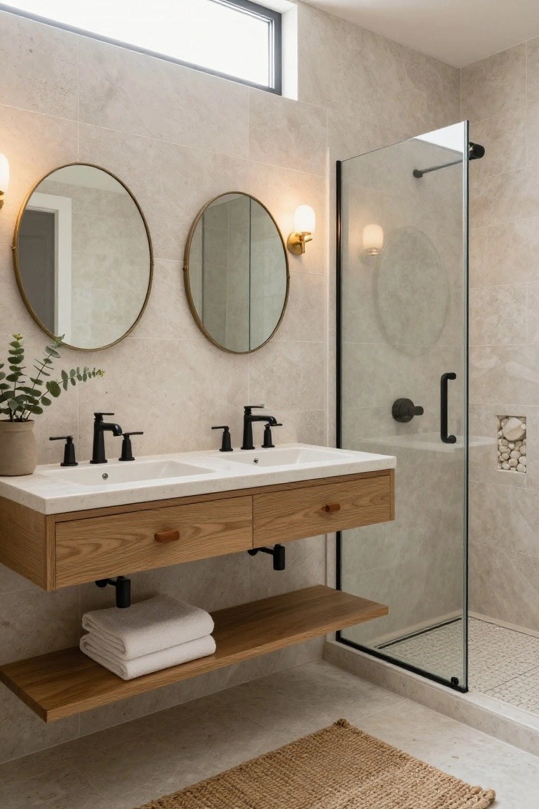 Bathroom with floating oak double vanity under two round brass mirrors, black faucets, glass shower enclosure, beige stone tile walls, and a wood shelf holding folded towels.