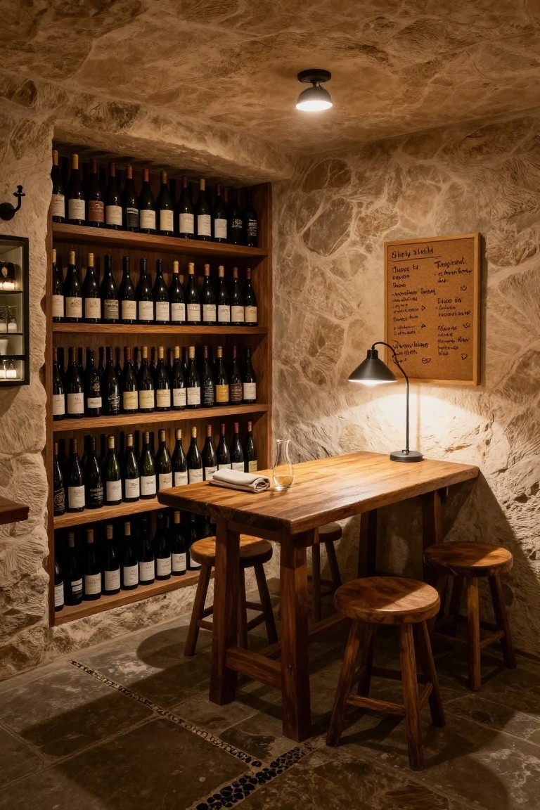 Stone-walled wine cellar interior with multiple wooden shelves filled with wine bottles, a wooden table with stools, a desk lamp, and a bulletin board on the wall.
