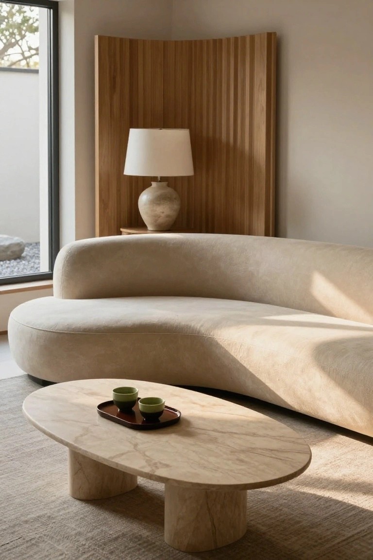 A light beige curved fabric sofa in a minimalist living room beside a wooden slatted screen, with an oval white marble coffee table holding a wooden tray and two green teacups, a ceramic lamp on a side table, and a window view to a rock garden.