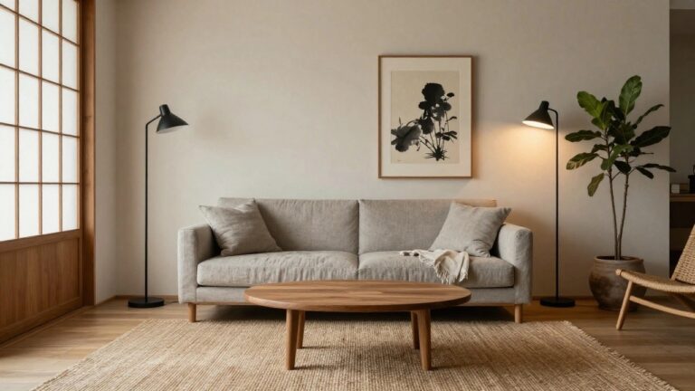 22 Modern Japandi Living Room Ideas For Effortless Style A Japandi living room with wooden-framed shoji sliding doors on one wall, light gray linen sofa, oval walnut coffee table holding a black bowl, potted palm plant, black floor lamp, large ink brush painting, and rattan armchair on a seagrass rug.