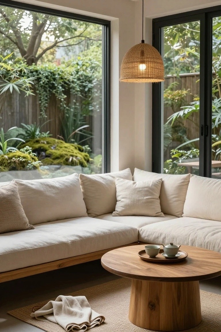 A light beige L-shaped sofa in a minimalist living room with a round wooden coffee table holding teacups and a teapot, rattan pendant lamp overhead, neutral rug, and large black-framed windows showing a lush garden with ferns, moss, and trees.