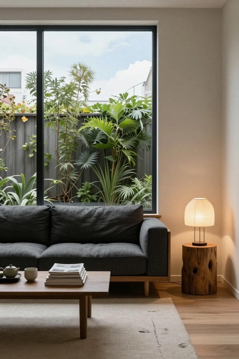 Modern living room with charcoal gray sofa, low wooden coffee table holding stacked magazines, teapot, and cup, paper lantern lamp on tree stump side table, adjacent to large black-framed floor-to-ceiling windows showing lush tropical plants and garden fence.