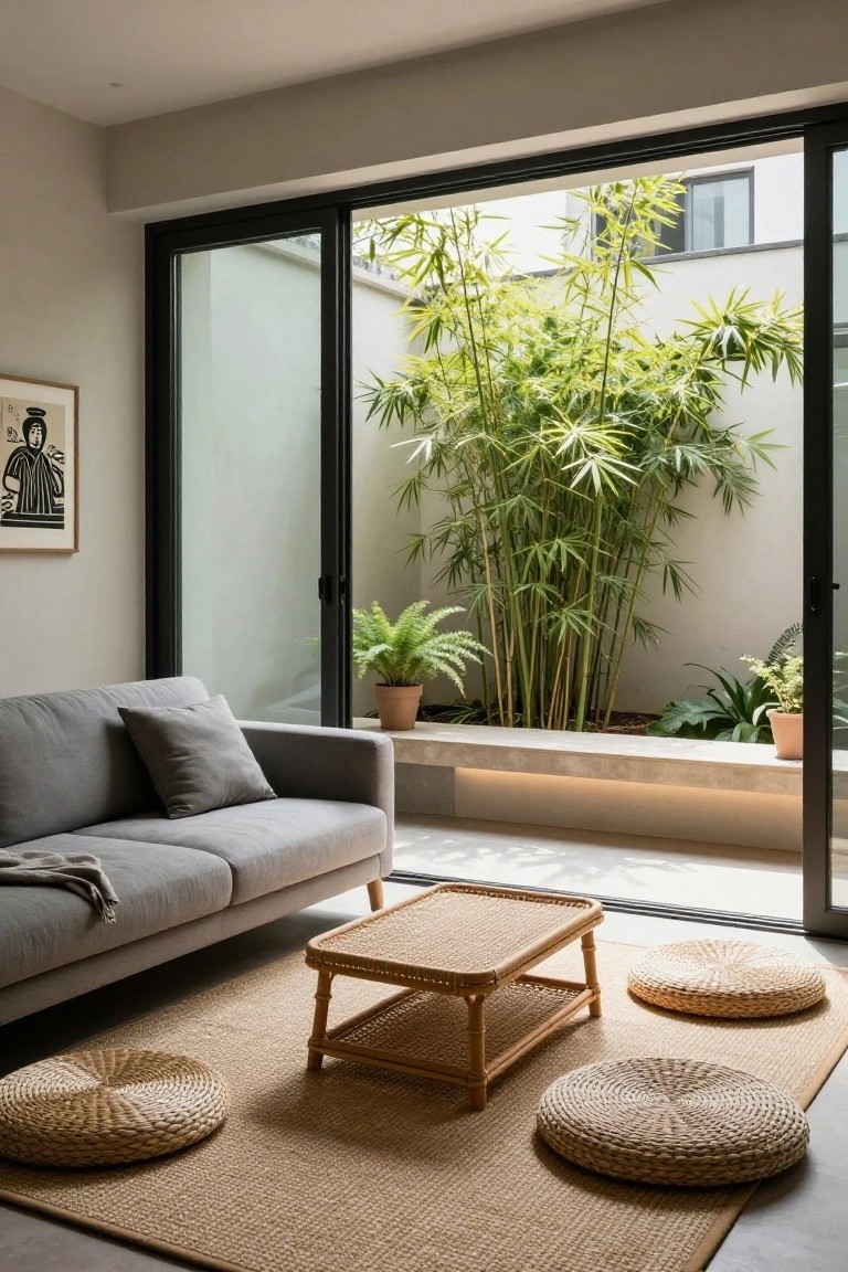 Light gray sofa with throw on beige seagrass rug, low rattan table, woven floor cushions, and open black sliding glass doors revealing courtyard with tall bamboo plants, ferns, and bench.
