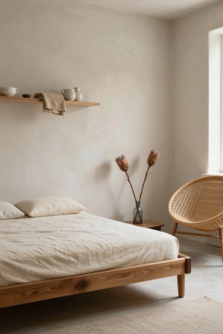 Minimalist bedroom with wooden bed, woven chair, and floating shelf.